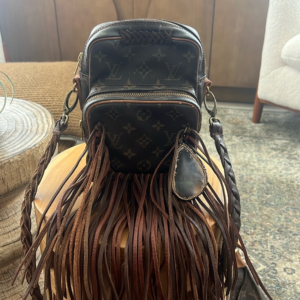 Brown Monogram Fringe Crossbody Bag with Agate Charm